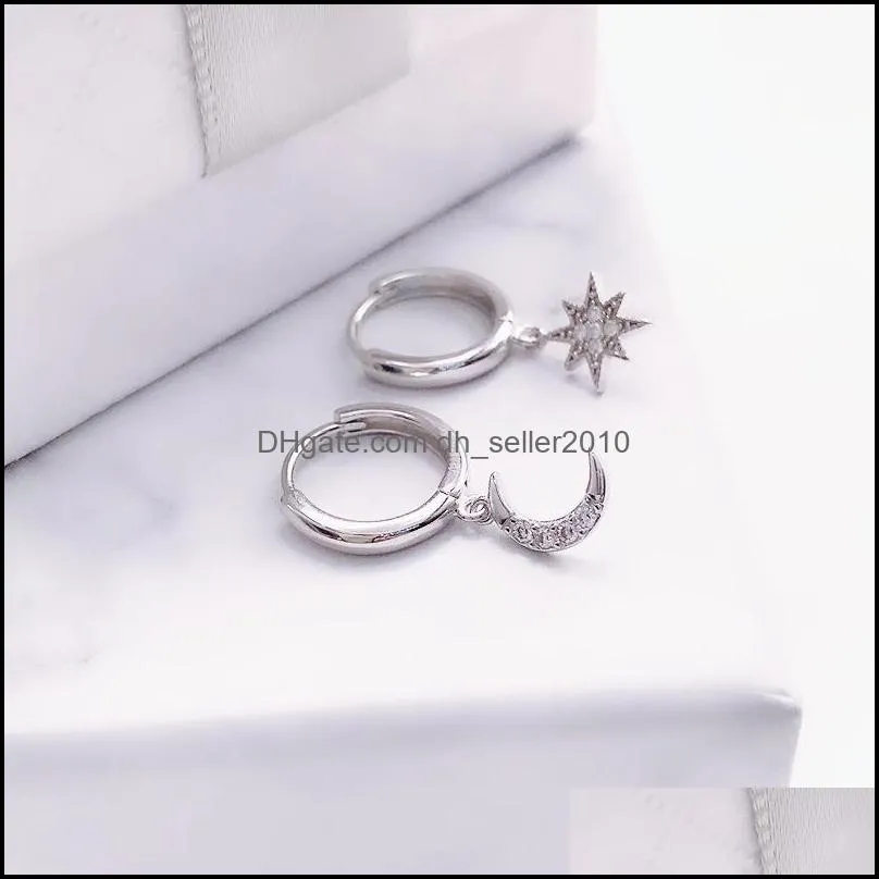 Star Moon Asymmetrical 925 Sterling Silver Cubic Zirconia Hoop Earrings For Women Fashion Cz Circle Ear Ring Earings Jewelry 978 Q2