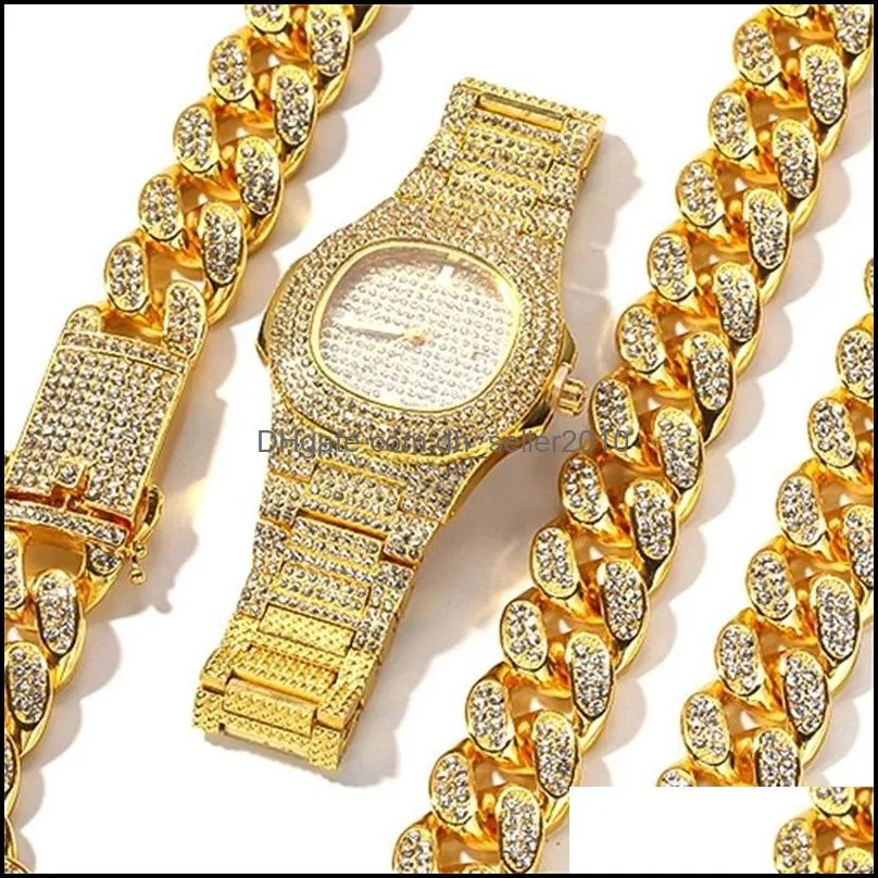 2cm Hip Hop Gold Color Iced Out Crystal  Cuban Alloy Chain Gold Silver Men Watch Necklace Bracelet Set Hip Hop King