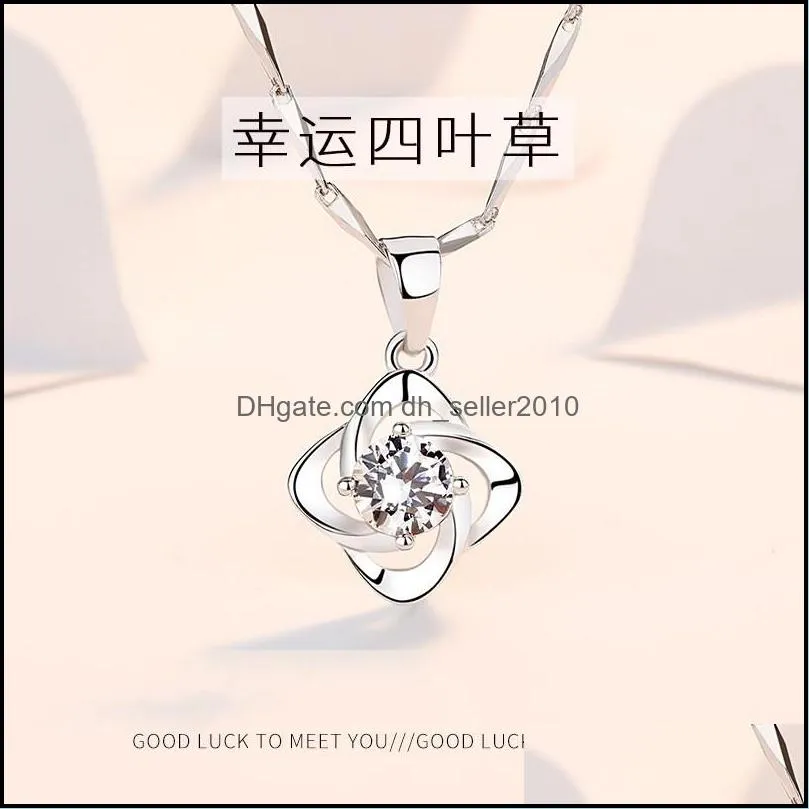 Length 45CM 925 Sterling Silver Woman Fashion Jewelry Crystal Zircon Four Leaf Clover Pendant Necklace