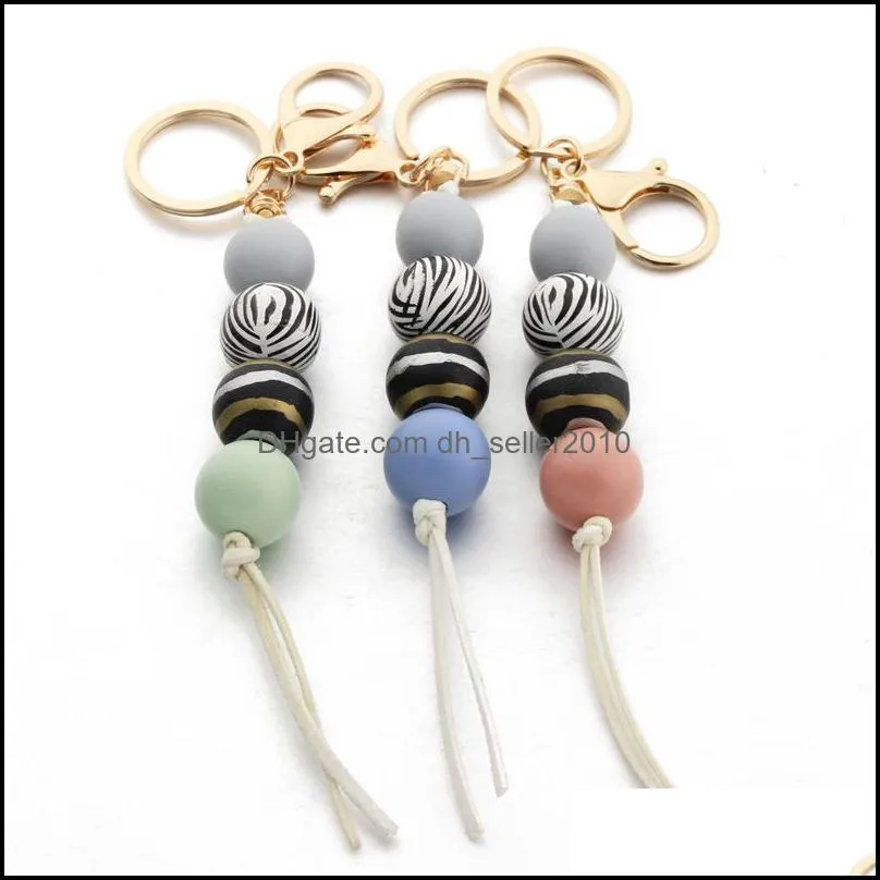 Wood Beads Keychain Multicolor Geometric Wood Beads Tassel Keyring For Bag Leopard Striped Cow Round Wooden Beads Keyrings Gifts 1241