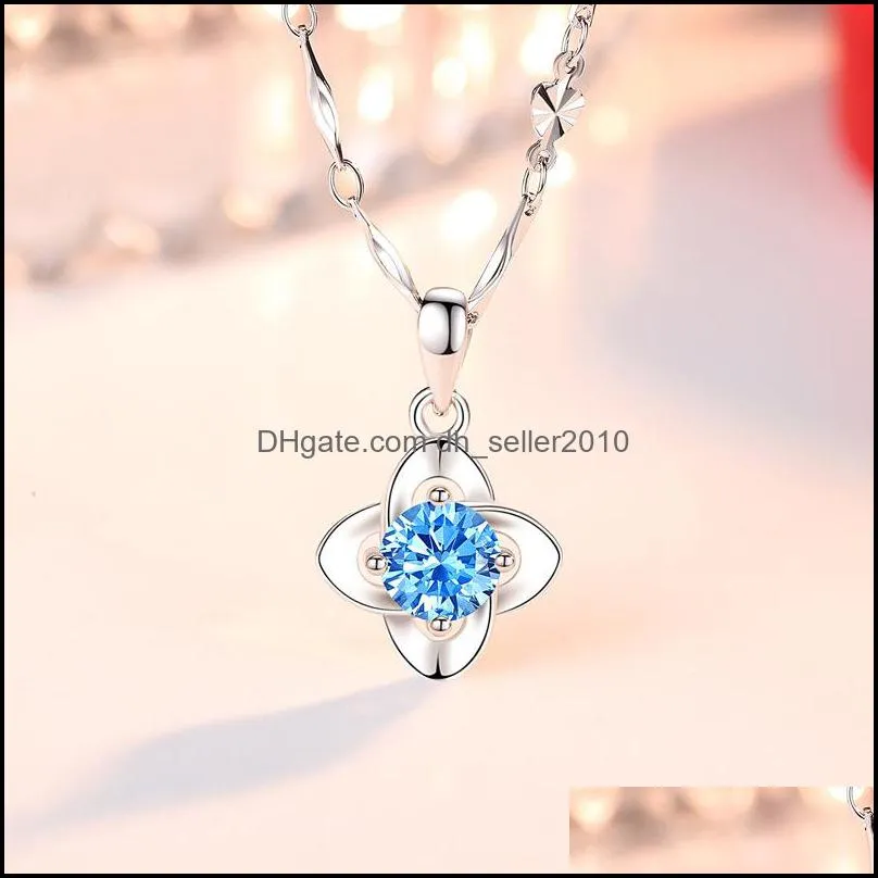 Length 45CM 925 Sterling Silver Woman Fashion Jewelry Crystal Zircon Four Leaf Clover Pendant Necklace