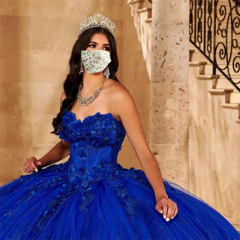 2023 Princess Royal Blue Quinceanera Dress Off Shoulder Sweetheart Beading With 3D Flowers Ball Gown Elegant Tulle Dresses