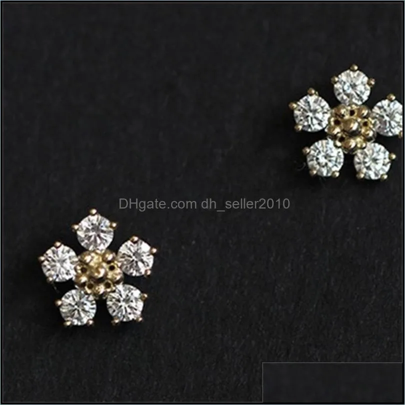 Stud Earrings 925 Sterling Silver Boho Diamond Small Flower Plating 14k Gold Earrings Women Summer Beach Casual Jewelry Accessories 2696
