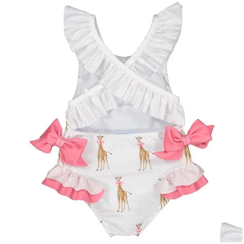 2020 summer girl swimwear with hat children cartoon giraffe bow kids cute swimsuit clothing 2-7y e60181