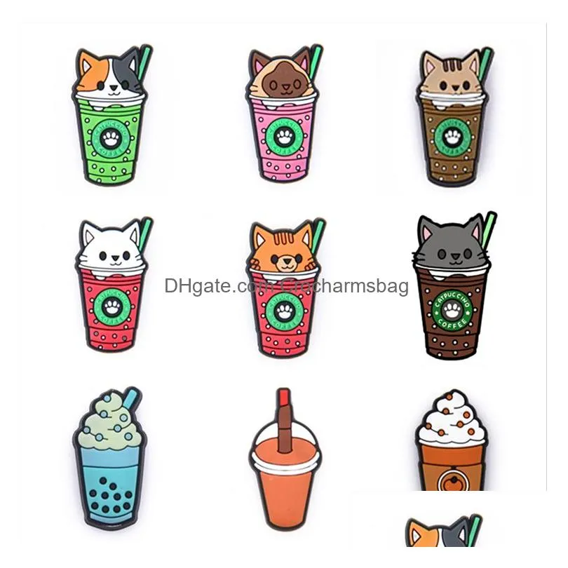 1Pcs PVC Shoe Buckle Accessories DIY Colorful drink Cat Coffee Cup Shoes Buttons Decoration For Croc Charms Kids Gift
