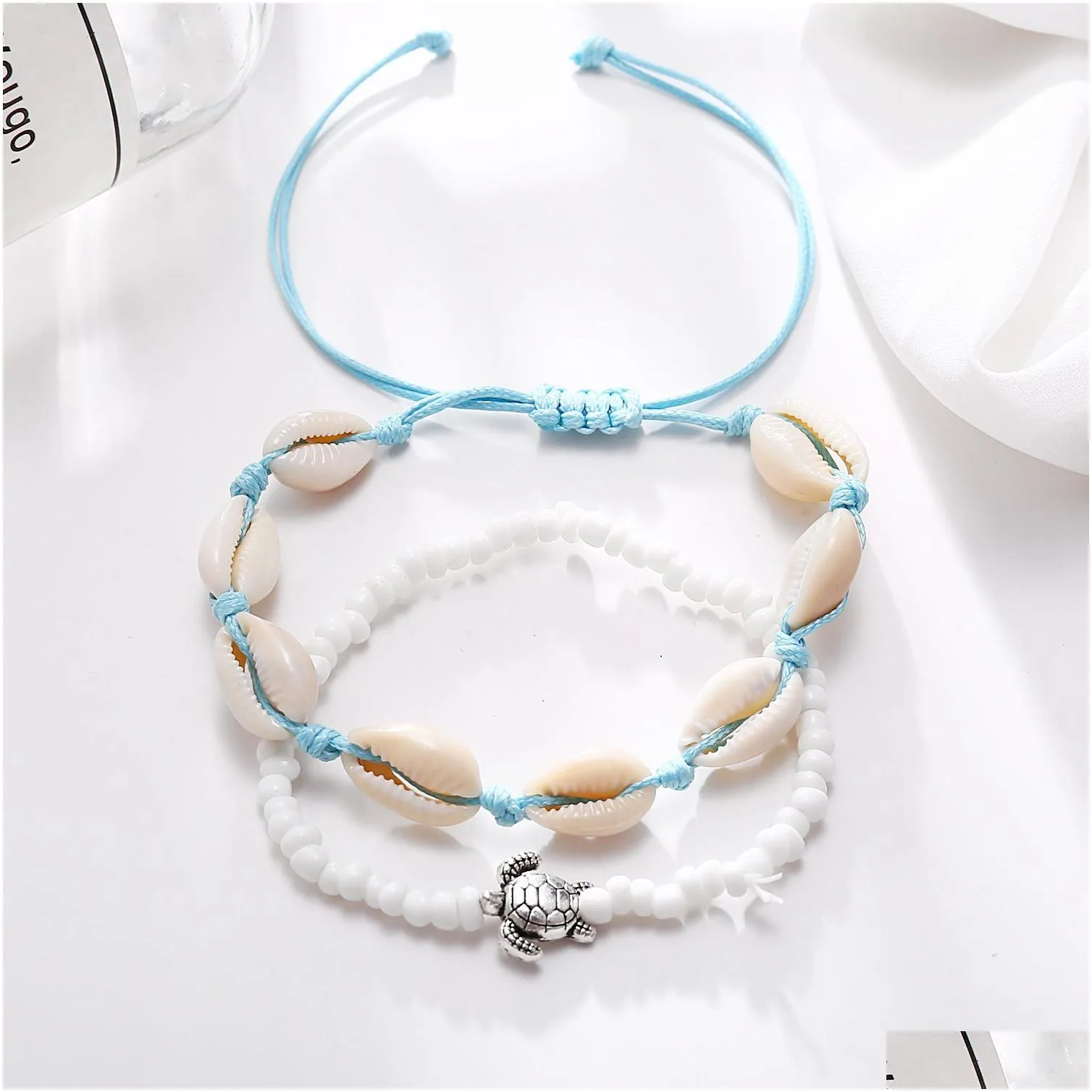 2pc/set bohemia summer jewelry turtle shell anklet fashion foot chain charm beads ankle bracelet for women