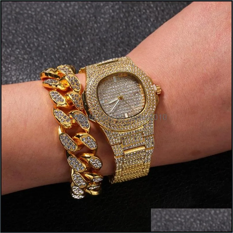 Hip Hop Bling Chains Jewelry Men Necklace Iced Out Diamond  Cuban Chain Rose Gold Silver Watch Necklaces Bracelet Set