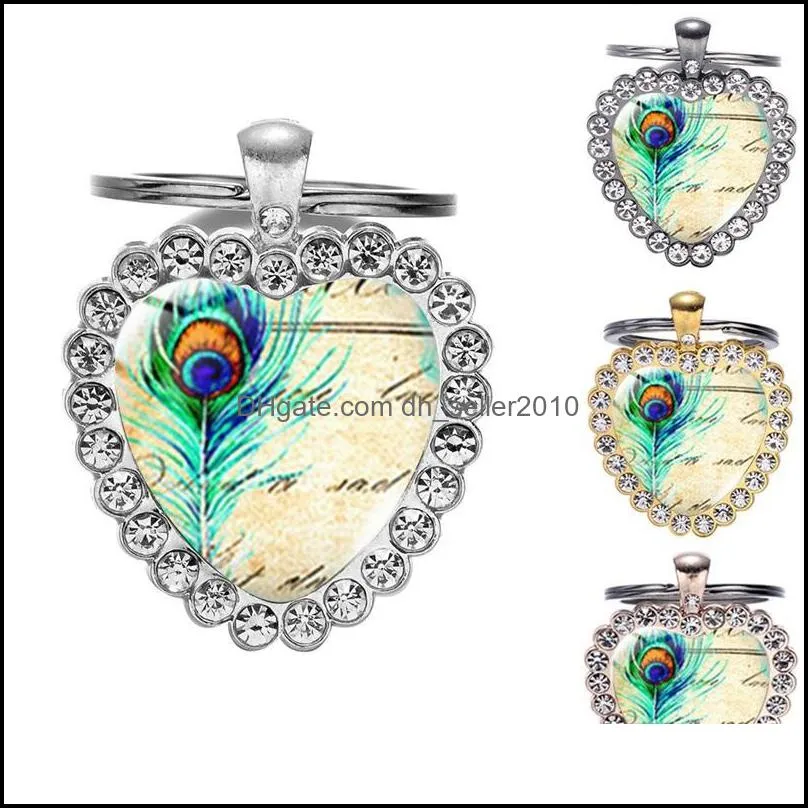 Keychains Ethnic Green Boho Peacock Feather Glass Art Heart Keychain Handmade Jewelry Top Grade Metal Key Ring Holder 4 Color Choose 3432