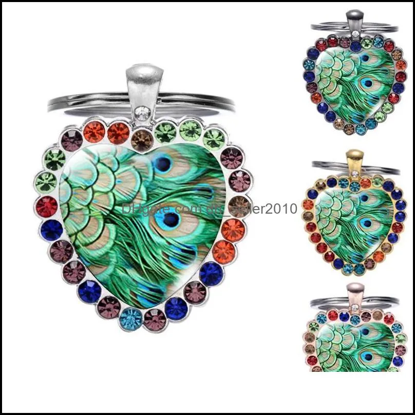 Keychains Ethnic Green Boho Peacock Feather Glass Art Heart Keychain Handmade Jewelry Top Grade Metal Key Ring Holder 4 Color Choose 3432