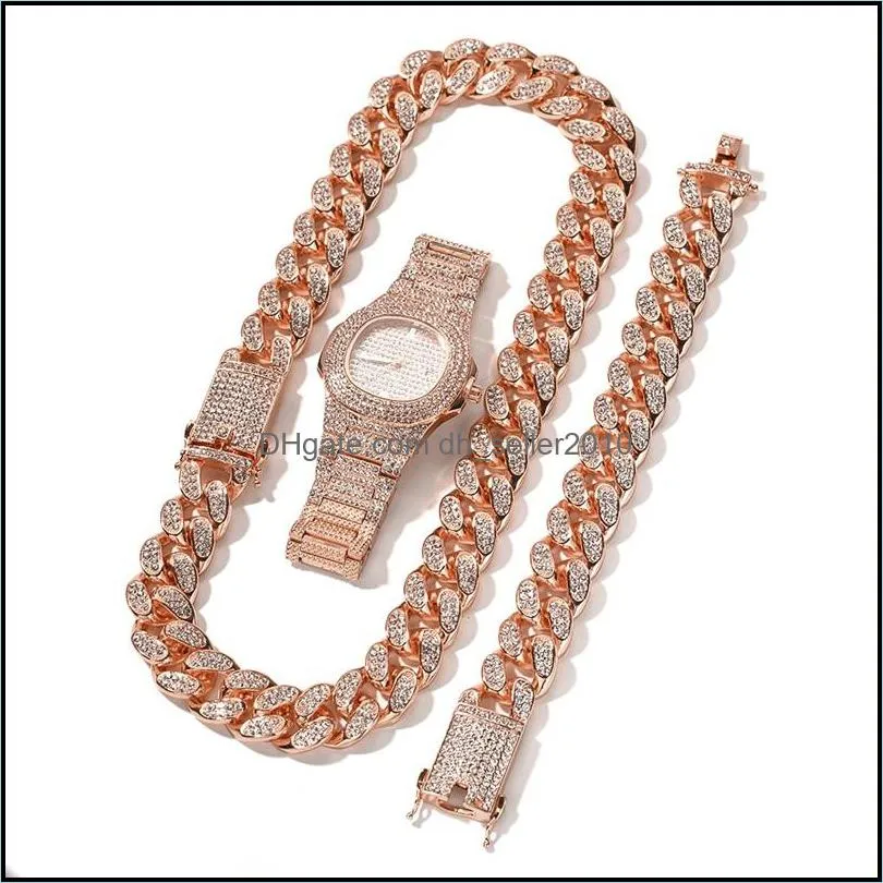 Hip Hop Bling Chains Jewelry Men Necklace Iced Out Diamond  Cuban Chain Rose Gold Silver Watch Necklaces Bracelet Set