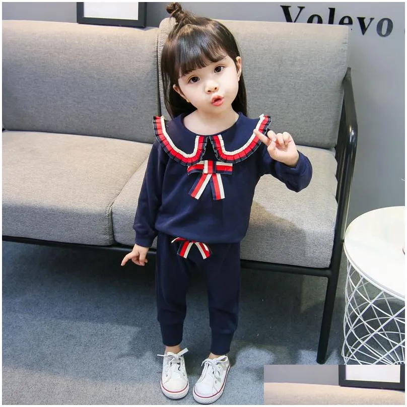 2019 cute baby girl clothing set fashion cotton wear long sleeve suit kids girl folding lace 1-4y solid pullover pants sets