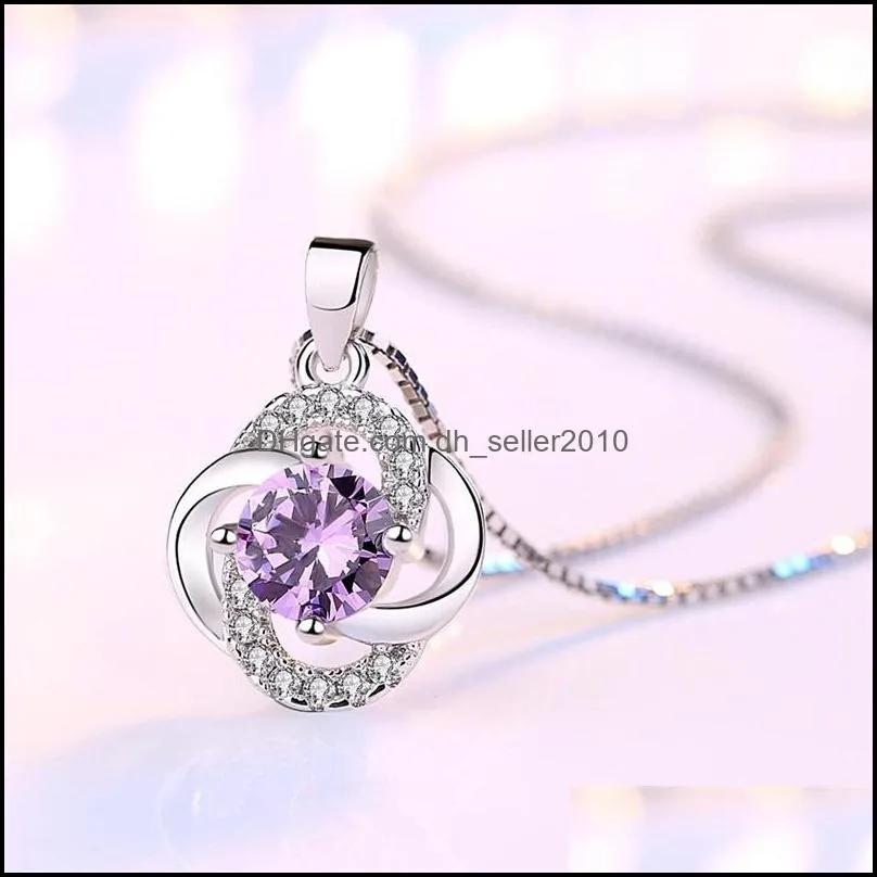 925 sterling silver new women fashion jewelry purple crystal zircon four-leaf clover flower pendant necklace length 45CM