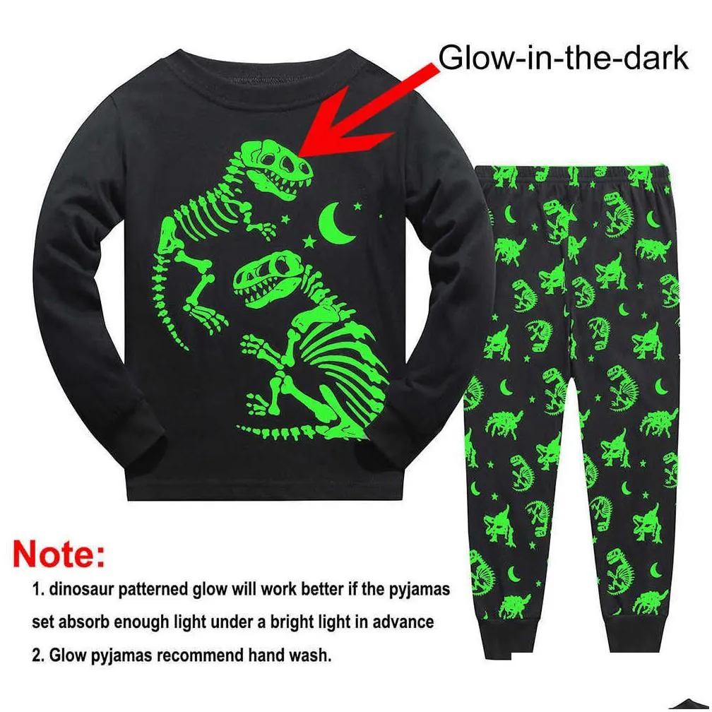 boys pyjamas set glow in the dark dinosaur pjs long sleeve kids pajama cotton sleepwear dino nightwear children outfit age 3-10t