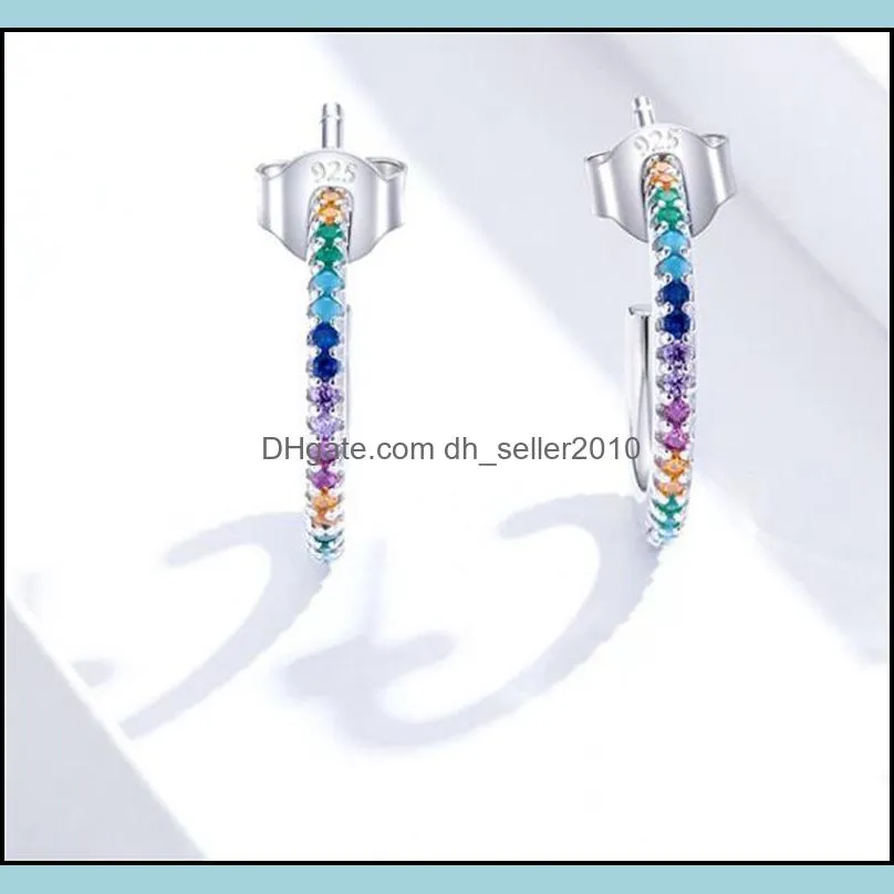 Rainbow Color Half Hoop Earrings for Women Real 925 Sterling Silver CZ Wedding Enagement Statement Jewelry 1788 V2