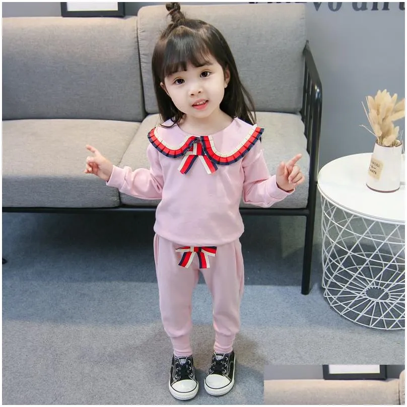 2019 cute baby girl clothing set fashion cotton wear long sleeve suit kids girl folding lace 1-4y solid pullover pants sets