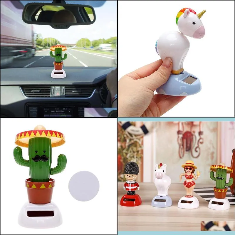 Car Ornaments Soldier Cactus Unicorn Solar Powered Dancing Shaking Head Girl Auto Dashboard Decoration Car Accessories