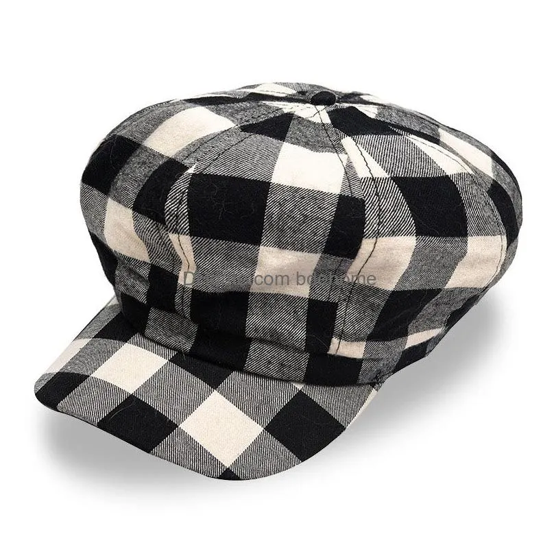 Fashion Spring Autumn Berets Womens Woolen Plaid Hat Cap Free Style Leather Newpaperboy Dome Caps Fashion Accessories