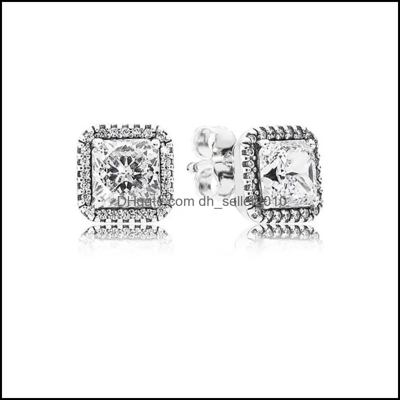 925 Sterling Silver Square Big Diamond Earring Fit Pandora Jewelry Gold Rose Gold Plated Stud Earring Women Earrings 322 T2