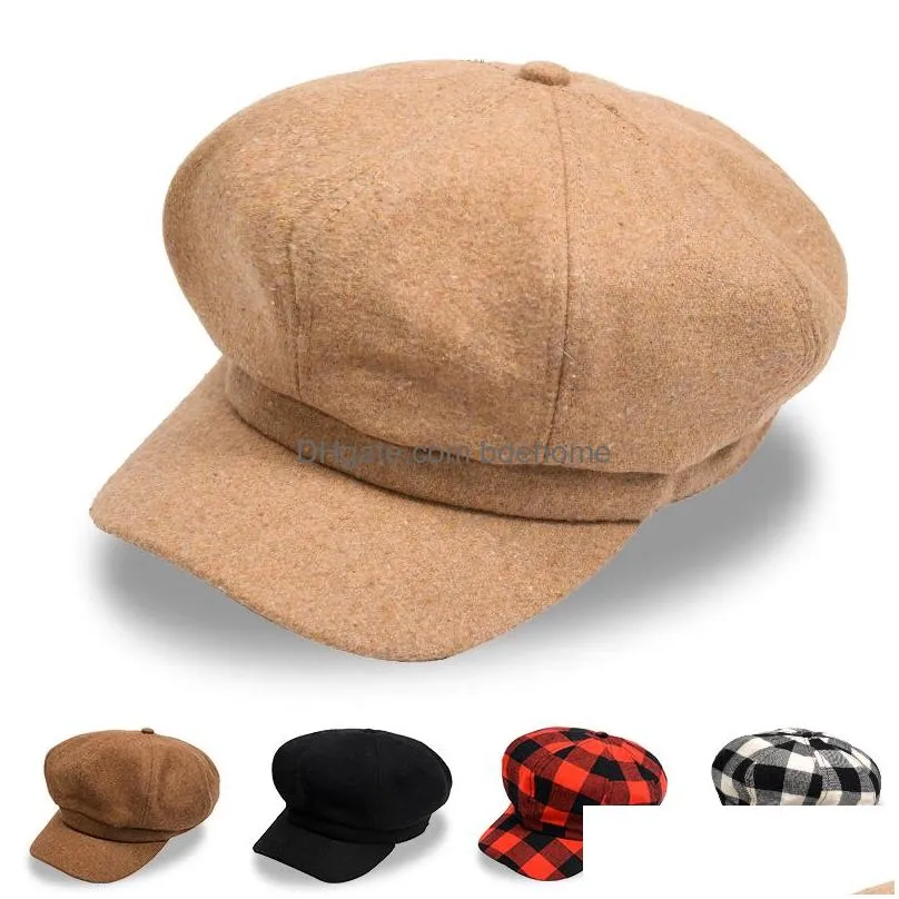 Fashion Spring Autumn Berets Womens Woolen Plaid Hat Cap Free Style Leather Newpaperboy Dome Caps Fashion Accessories