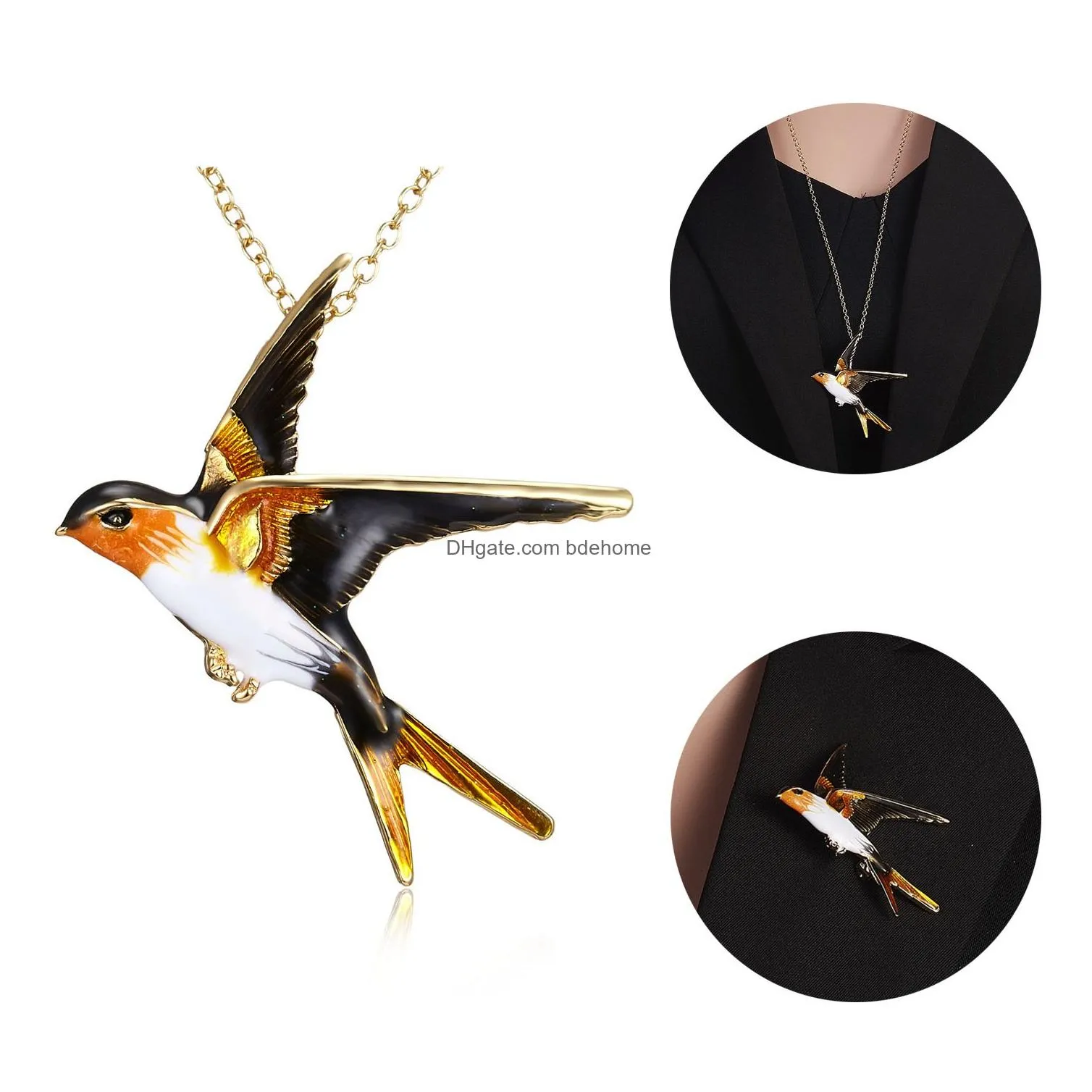 Fashion Flying Swallow Pendant Necklace Cute Blue Enamel Bird Brooch Bridal Wedding Party Anniversary Mother`s Day Gift Jewelry