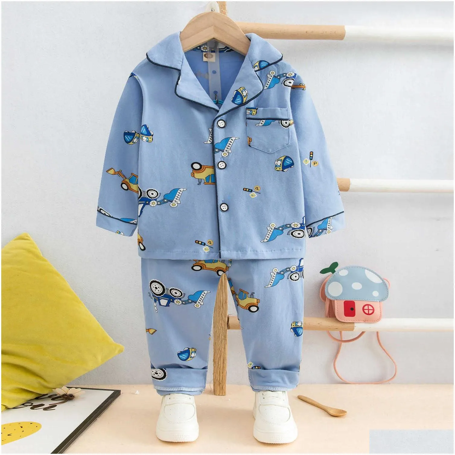 tuonxye cartoon excavator pajamas for boys cotton long sleeve pyjamas girls cute pattern print kids sleepwear clothing 210827