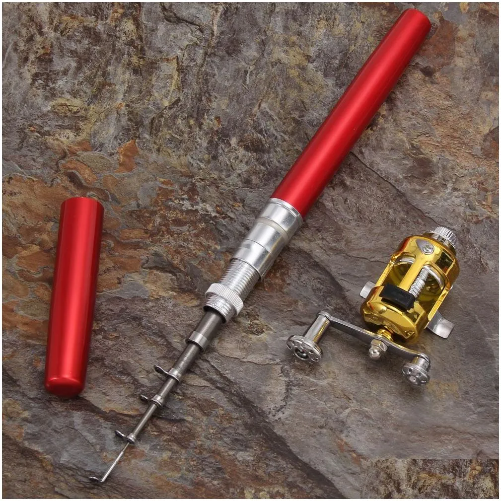 portable pocket telescopic mini fishing pole pen shape folded fishing rod aluminum alloy mini pole reel 4 colors