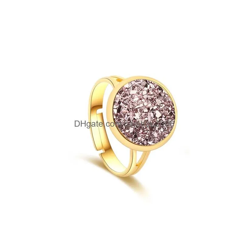 fashion jewelry luxury silver gold druzy ring with side stones 12mm bling round resin stone adjustable rings for women ladies jewellry