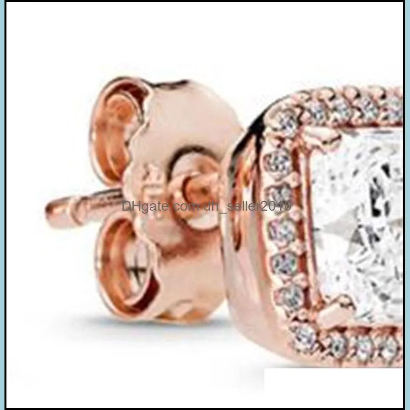 925 Sterling Silver Square Big Diamond Earring Fit Pandora Jewelry Gold Rose Gold Plated Stud Earring Women Earrings 322 T2