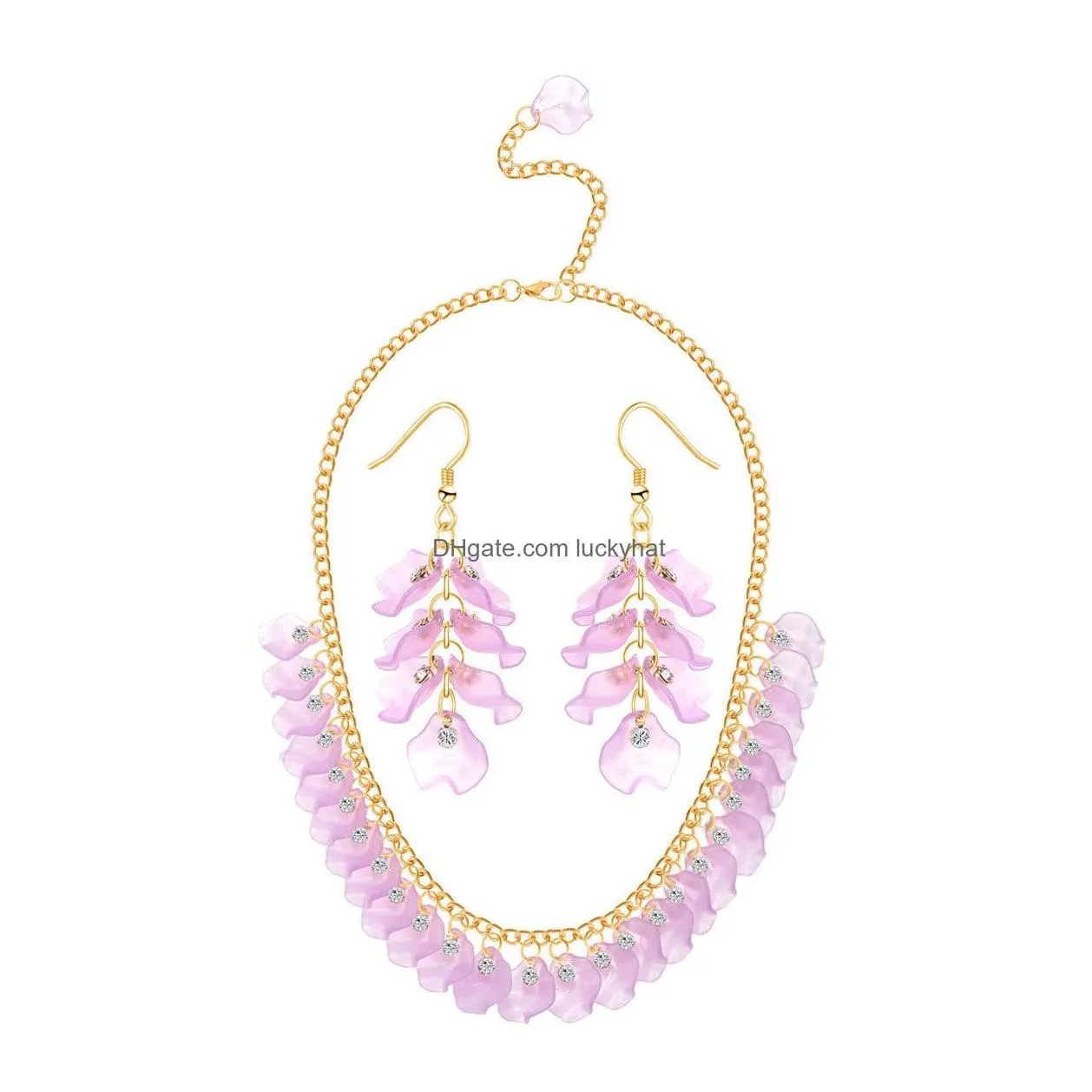 New Arrival Womens Fashion Acrylic Statement Necklace Bright Earrings Multicolor Petals Leaf Style Diamond Necklaces Earring Jewelry