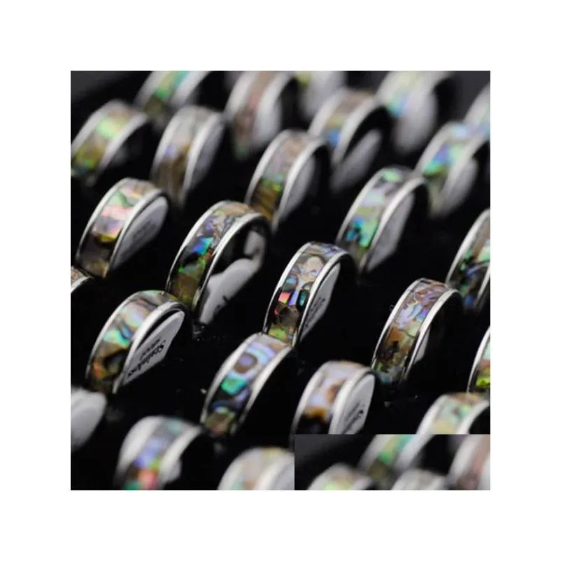 36pcs natural shellfish abalone shell inlay 316l stainless steel quality rings 6mm width retro wedding engagement pupular ring wholesale