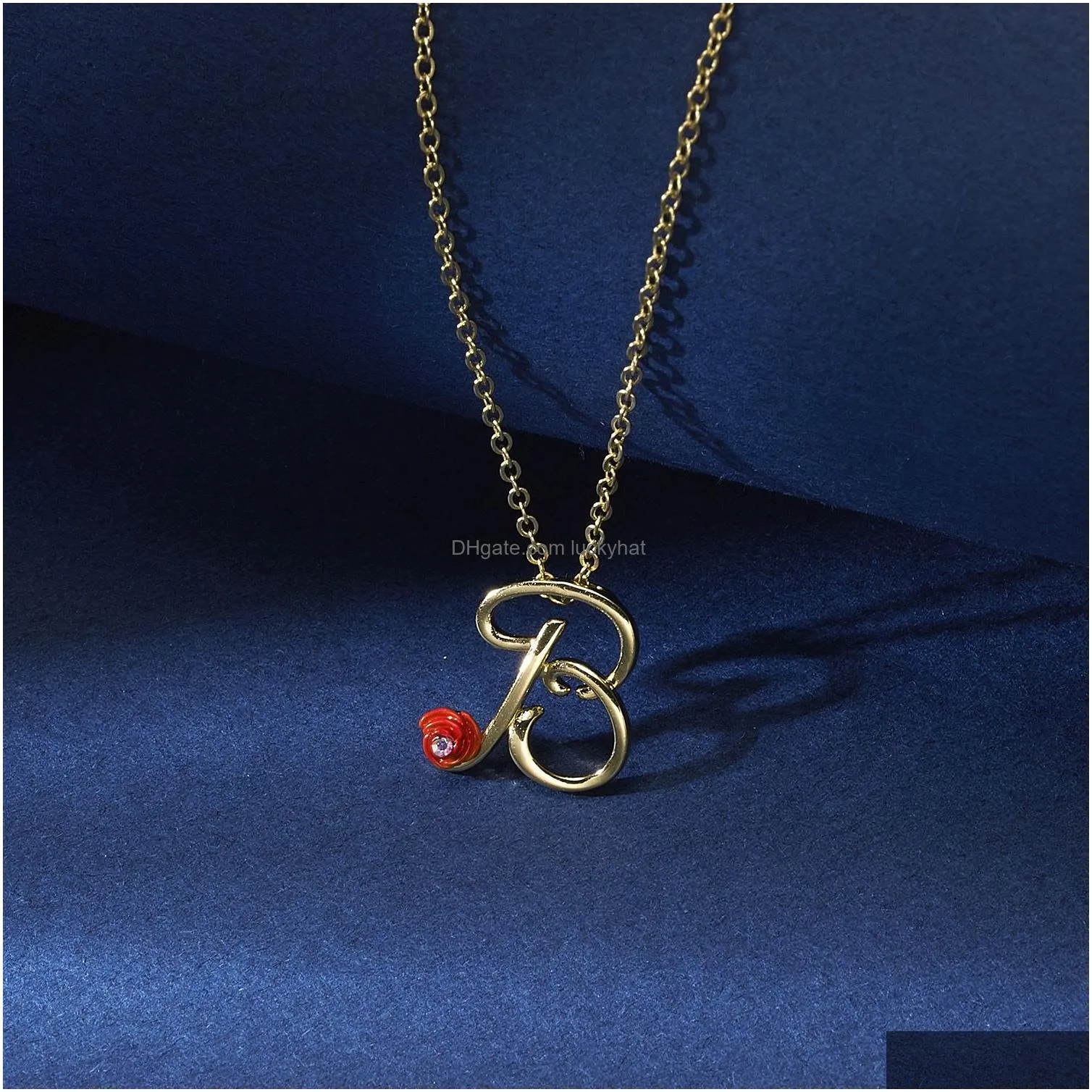 New Fashion Red Rose Initial Necklace Statement Letter Chain Girls Alphabet Pendants Lovers Jewelry Necklace for Women