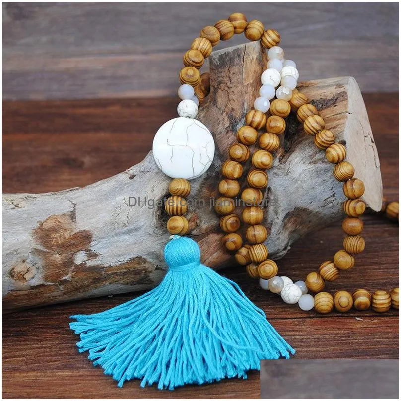 Womens Boheimian Fashion Long chain Wood Beads Tassel Necklace Butterfly Heart Star Cross Turquoise Stone Bead Jewelry