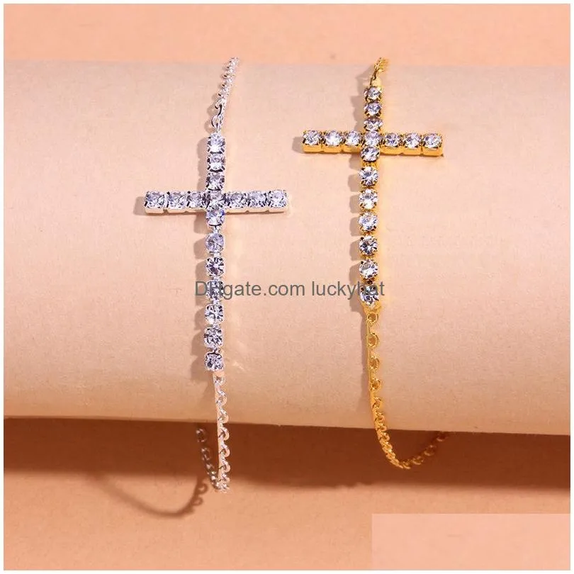 Fashion Silver Gold Beach Anklets Bracelet Women Girls Classic Rhinestone Cross Anklet Summer Holiday Foot Bracelets Jewelry Set