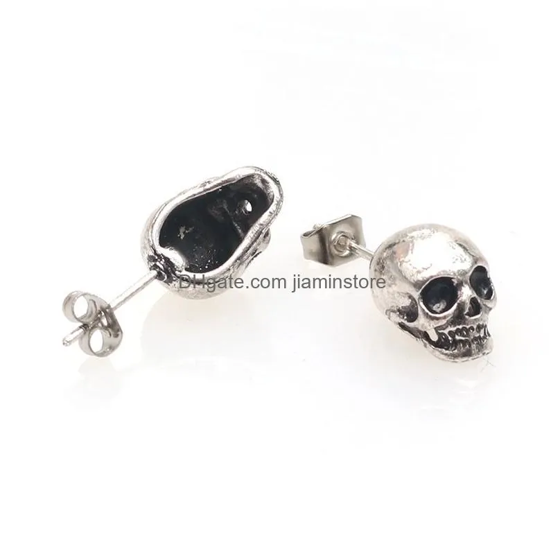 European and United States Fashion Gothic Skull Skeleton Hoop Earring 925 Silver Skull Stud Earring Halloween Jewelry for Women Girlls