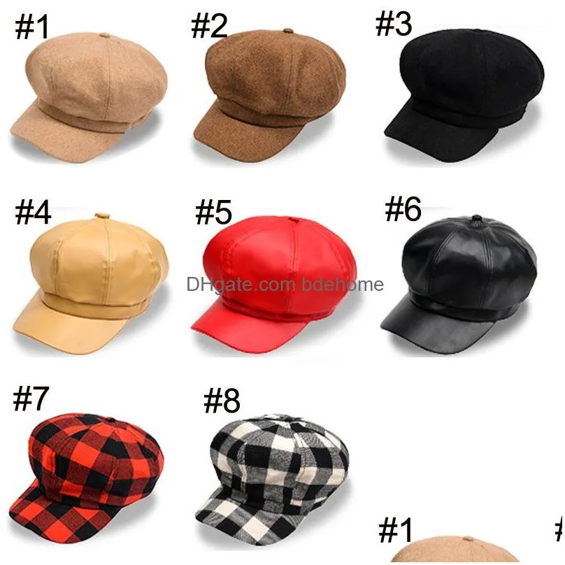 Fashion Spring Autumn Berets Womens Woolen Plaid Hat Cap Free Style Leather Newpaperboy Dome Caps Fashion Accessories