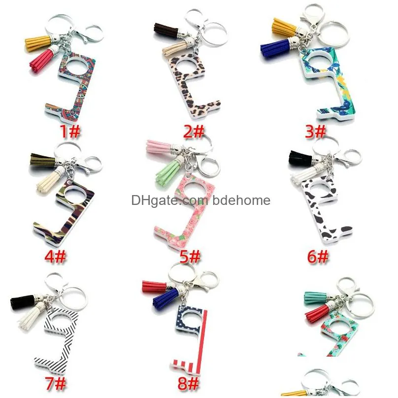 Keychain Contactless Door Opener Key Rings Touch Free Puller Pusher-Keep Hands Clean Tassel Keyring Cute Pattern Print Prevention Tool