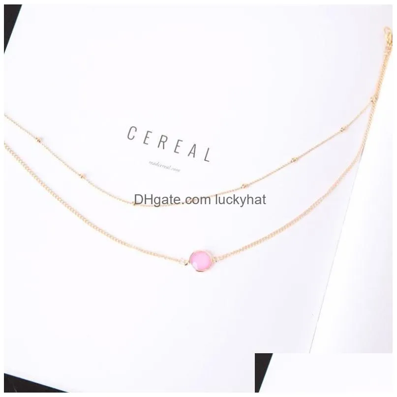 Necklace Jewelry Gold Gemstone Round Pendants Double layer Chocker Necklace Pink White Green Healing Crystals Necklace for Women Girls