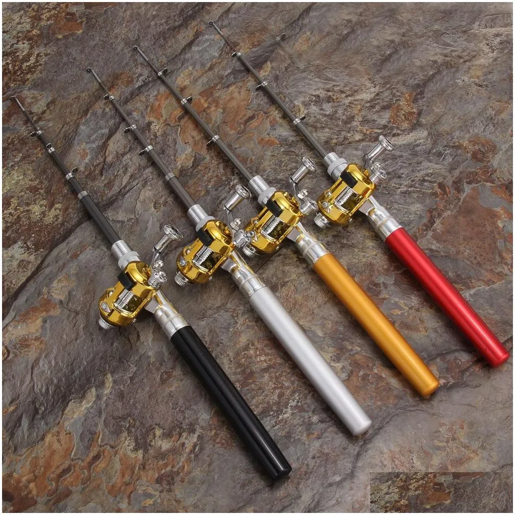 portable pocket telescopic mini fishing pole pen shape folded fishing rod aluminum alloy mini pole reel 4 colors