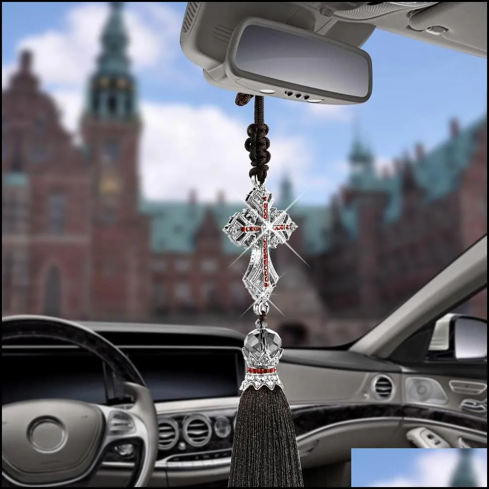 Car Pendant Crystal Diamond Jesus Cross Car Decoration Crucifix Automobile Rearview Mirror Christian Decor Hanging Accessories