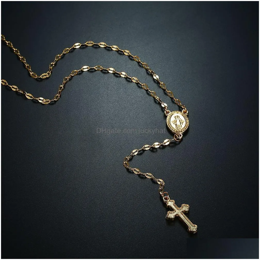 New Fashion chic Gold Silver Cross Rosary Virgin Mary Virgin Religious Jesus Cross Pendant Men Women Necklace