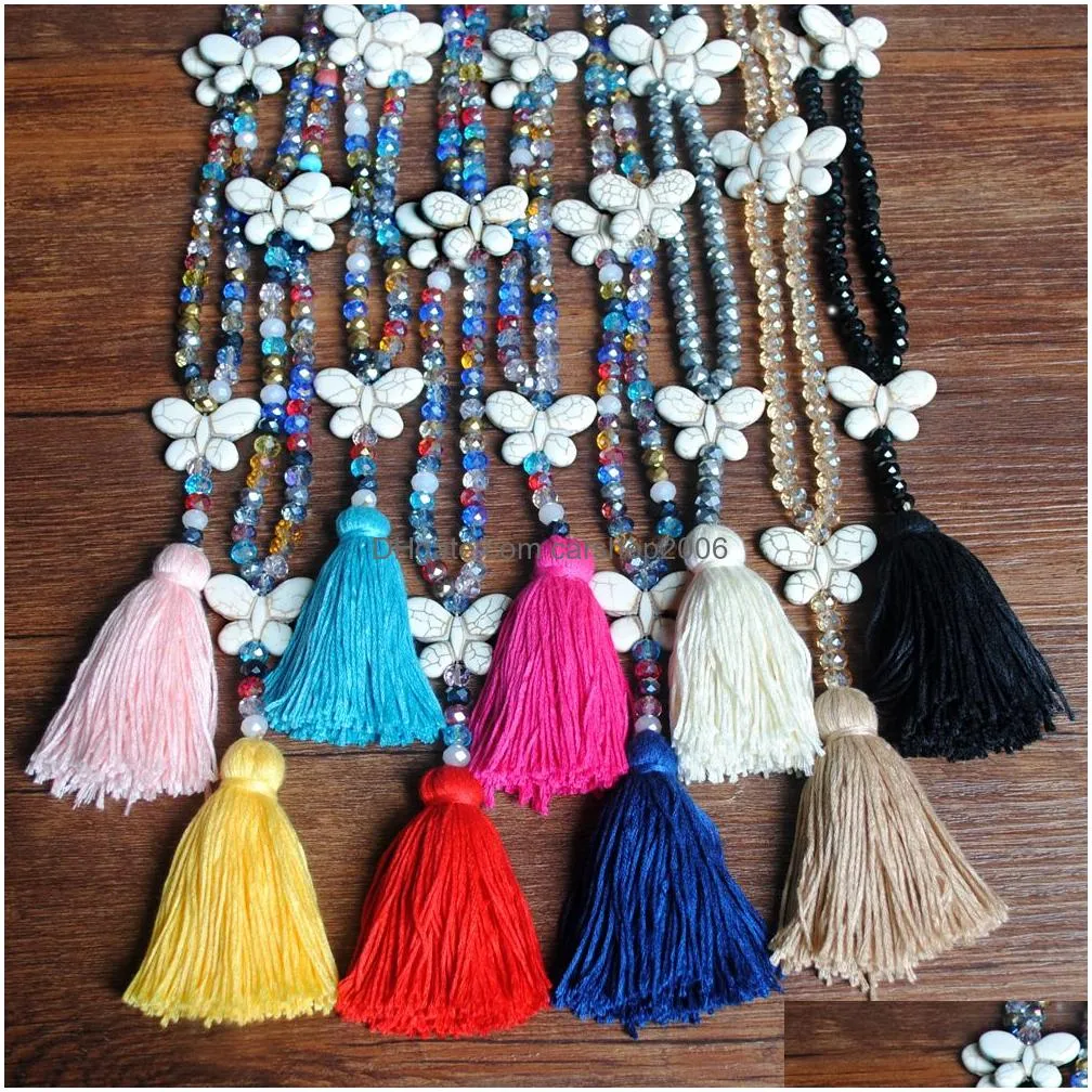 fashion long chain crystal beads pendant necklaces boho jewelry butterfly charms colorful tassel necklace for women girls