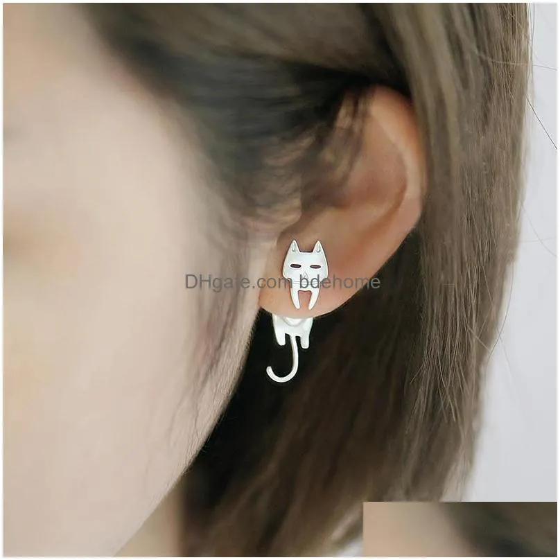 925 Silver Cute Cat and Fish Stud Earrings for Women Gift Hypoallergenic Eardrop Female Fashion Jewelry Wholesale