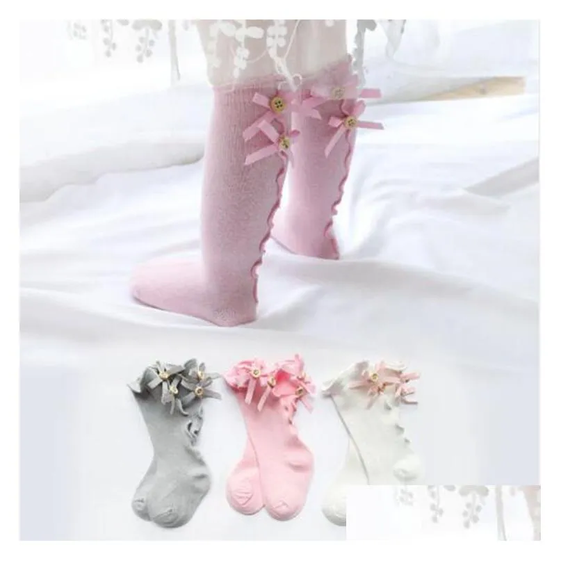 2019 kids socks toddlers girls big bow knitted knee high long soft cotton lace socks baby ruffle socks c6115