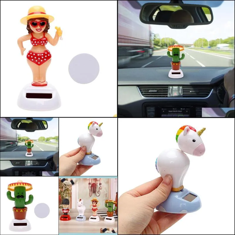 Car Ornaments Soldier Cactus Unicorn Solar Powered Dancing Shaking Head Girl Auto Dashboard Decoration Car Accessories