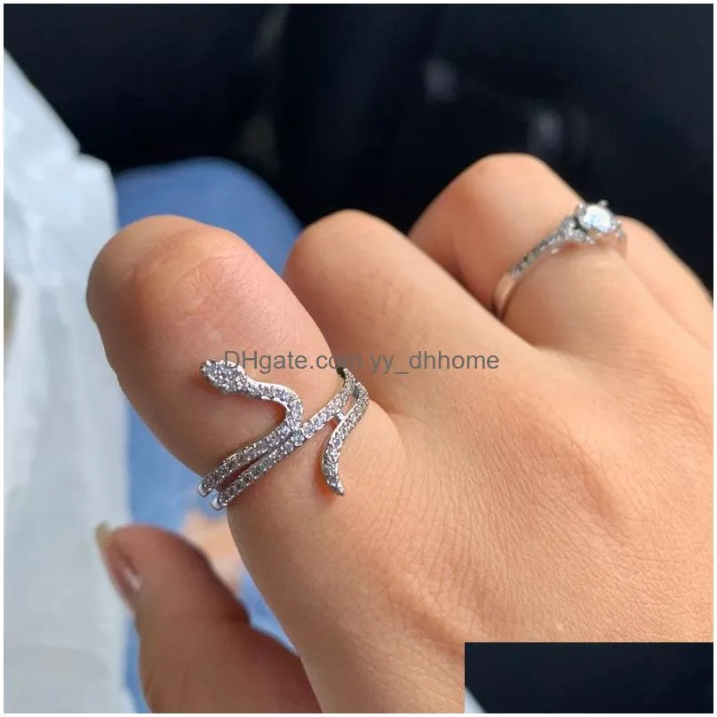 ins trends animal snake ring with side stones silver color bling cz stone exquisite stackable snakes shape rings trendy