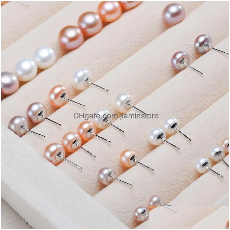 High quality 100% 925 Sterling Silver 6-7MM Round Pearls Earrings 3colors white Pink Purple Freshwater Pearl jewelry Cheap wholesale