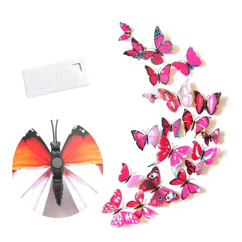 12pcs/lot 3d butterfly wall sticker magnet fridge cartoon stickers 3d butterflies pin pvc removable wall party home cloth decors c6868