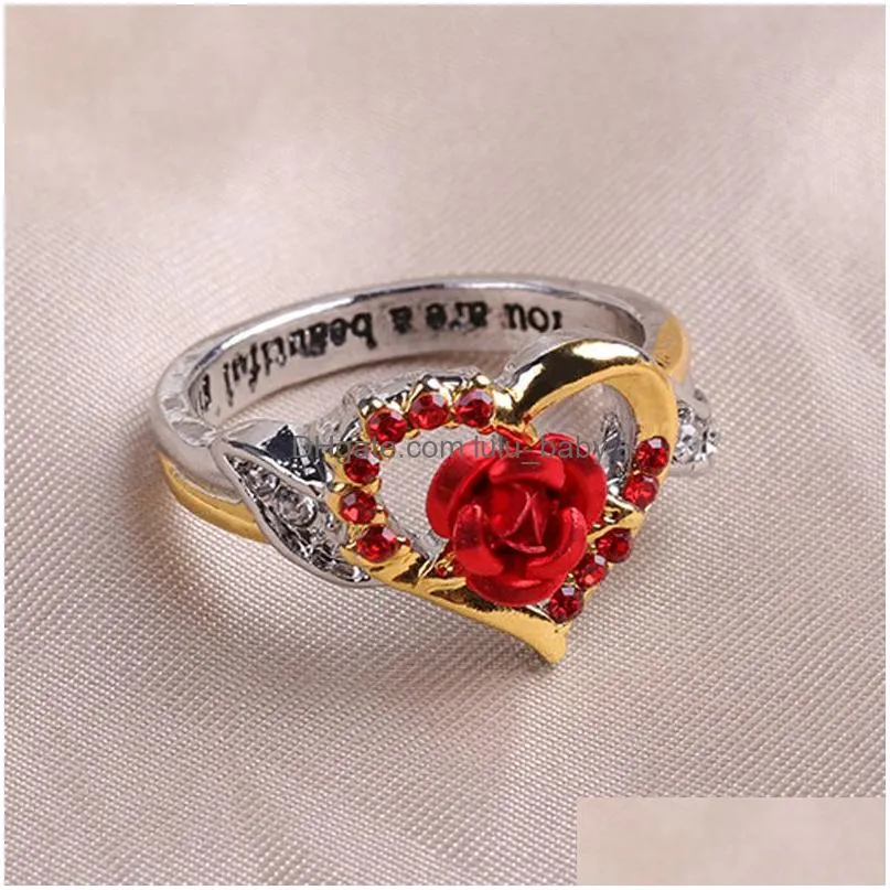  fashion silver gold two tone love heart ring you are a beautiful girl red rose lover ring valentines day jewelry gifts