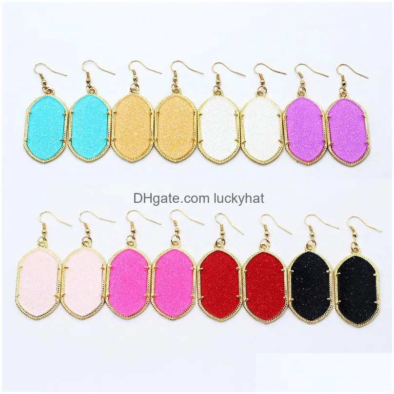 Fashion Jewelry Woman Drusy Dangle Earring Fashion Silver Gold Bling Hexago Resin stone Stud Earrings