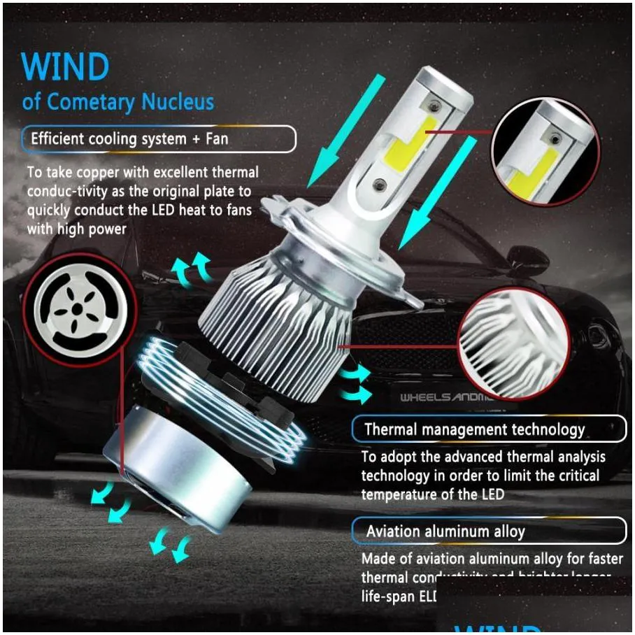 c6 led car headlights 72w 7600lm cob auto headlamp bulbs h1 h3 h4 h7 h11 880 9004 9005 9006 9007 car styling lights